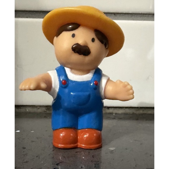 Fisher-Price Other - Vtg Fisher Price Little People Farmer Dad 3" Mustache Yellow Hat Blue Overalls‎